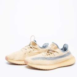 Pre Owned Yeezy x Adidas Cream/Grey Knit Fabric Boost 350 V2 Linen Sneakers Size 43 1/3