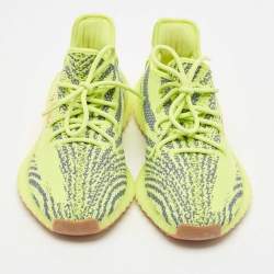 Pre Owned Yeezy x Adidas Neon Yellow Knit Fabric Boost 350 V2 Semi Frozen Yellow Sneakers Size 42 2/3