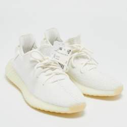 Pre Owned Yeezy x Adidas White Knit Fabric Boost 350 V2 Cream Sneakers Size 42 2/3