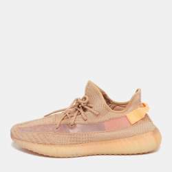 Pre Owned Yeezy x Adidas Boost 350 V2 Clay Size 47.5 Orange Knit Fabric Lace Up Sneakers