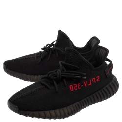 Pre Owned Yeezy x Adidas Black/Red Knit Fabric Boost 350 V2 Low Top Sneakers Size 45 1/3