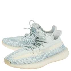 Pre Owned Yeezy x Adidas White/Blue Knit Fabric Boost 350 V2 Cloud White Sneakers Size 44 2/3