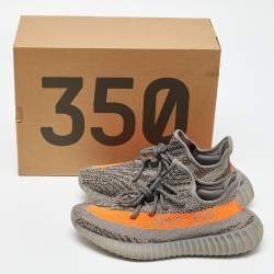 Pre Owned Yeezy x Adidas Grey/Orange Knit Fabric Boost 350 V2 Beluga Reflective Sneakers Size 39 1/3