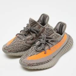 Pre Owned Yeezy x Adidas Grey/Orange Knit Fabric Boost 350 V2 Beluga Reflective Sneakers Size 39 1/3