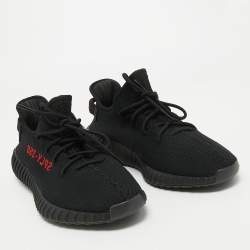 Pre Owned Yeezy x Adidas Black/Red Knit Fabric Boost 350 V2 Bred Sneakers Size 48