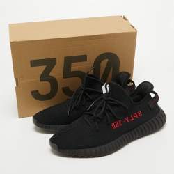 Pre Owned Yeezy x Adidas Black/Red Knit Fabric Boost 350 V2 Bred Sneakers Size 48