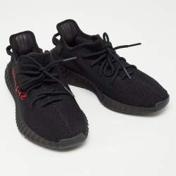Pre Owned Yeezy x Adidas Black/Red Knit Fabric Boost 350 V2 Bred Sneakers Size 44