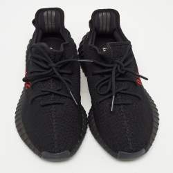 Pre Owned Yeezy x Adidas Black/Red Knit Fabric Boost 350 V2 Bred Sneakers Size 44