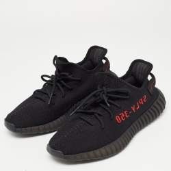 Pre Owned Yeezy x Adidas Black/Red Knit Fabric Boost 350 V2 Bred Sneakers Size 44