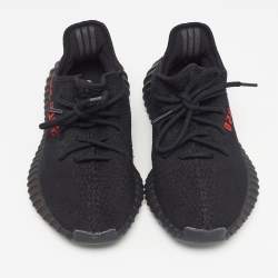 Pre Owned Yeezy x Adidas Black Knit Fabric Boost 350 V2 Black Red Sneakers 38 2/3