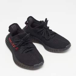 Pre Owned Yeezy x Adidas Black Knit Fabric Boost 350 V2 Black Red Sneakers 38 2/3