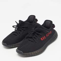 Pre Owned Yeezy x Adidas Black Knit Fabric Boost 350 V2 Black Red Sneakers 38 2/3