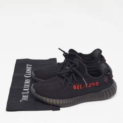 Pre Owned Yeezy x Adidas Black Knit Fabric Boost 350 V2 Black Red Sneakers 38 2/3