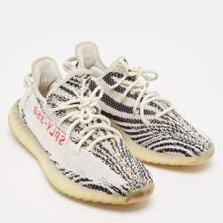 Pre Owned Yeezy x Adidas White/Black Knit Fabric Boost 350 V2 Zebra Sneakers Size 45 1/3