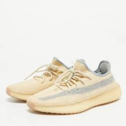 Pre Owned Yeezy x Adidas Beige/Blue Knit Fabric Boost 350 V2 Linen Sneakers Size 41 1/3
