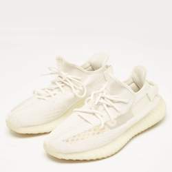 Pre Owned Yeezy x Adidas Off White Knit Fabric Boost 350 V2 Bone Sneakers Size 46 2/3