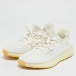Pre Owned Yeezy x Adidas White Knit Fabric Boost 350 V2 Cream Sneakers Size 42 2/3