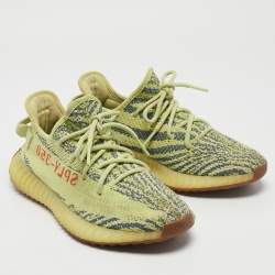 Pre Owned Yeezy x Adidas Yellow/Blue Knit Fabric Boost 350 V2 Semi Frozen Yellow Sneakers Size 40