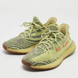 Pre Owned Yeezy x Adidas Yellow/Blue Knit Fabric Boost 350 V2 Semi Frozen Yellow Sneakers Size 40