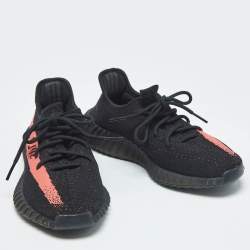 Pre Owned Yeezy x Adidas Black/Red Knit Fabric Boost 350 V2 Core Black Red Sneakers Size 44