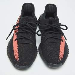Pre Owned Yeezy x Adidas Black/Red Knit Fabric Boost 350 V2 Core Black Red Sneakers Size 44