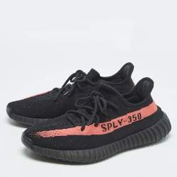 Pre Owned Yeezy x Adidas Black/Red Knit Fabric Boost 350 V2 Core Black Red Sneakers Size 44