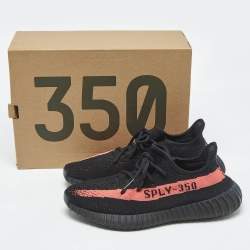 Pre Owned Yeezy x Adidas Black/Red Knit Fabric Boost 350 V2 Core Black Red Sneakers Size 44