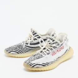Pre Owned Yeezy x Adidas White/Black Knit Fabric Boost 350 V2 Zebra Sneakers Size 42 2/3