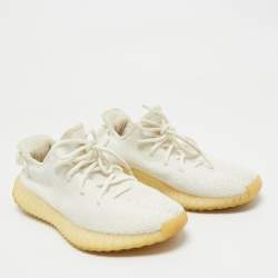 Pre Owned Yeezy x Adidas White Knit Fabric Boost 350 V2 Cream White Sneakers Size 401/3