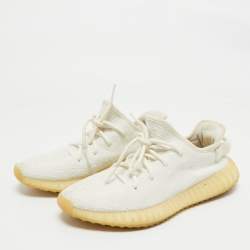 Pre Owned Yeezy x Adidas White Knit Fabric Boost 350 V2 Cream White Sneakers Size 401/3