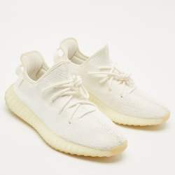 Pre Owned Yeezy x Adidas White Knit Fabric Boost 350 V2 Cream White Sneakers Size 44