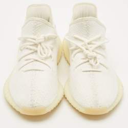 Pre Owned Yeezy x Adidas White Knit Fabric Boost 350 V2 Cream White Sneakers Size 44