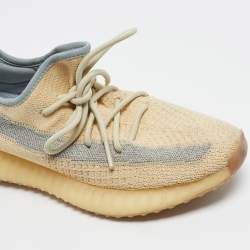Pre Owned Yeezy x Adidas Beige/Blue Knit Fabric Boost 350 V2 Linen Sneakers Size 42