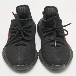 Pre Owned Yeezy x Adidas Black Knit Fabric Boost 350 V2 Black Red Sneakers 41 1/3