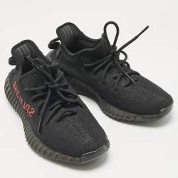 Pre Owned Yeezy x Adidas Black Knit Fabric Boost 350 V2 Black Red Sneakers 41 1/3