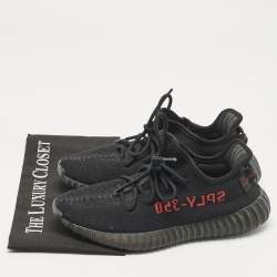 Pre Owned Yeezy x Adidas Black Knit Fabric Boost 350 V2 Black Red Sneakers 41 1/3