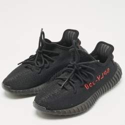 Pre Owned Yeezy x Adidas Black Knit Fabric Boost 350 V2 Black Red Sneakers 41 1/3