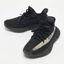 Pre Owned Yeezy x Adidas Black Knit Fabric Boost 350 V2 Core Black White Sneakers Size 38