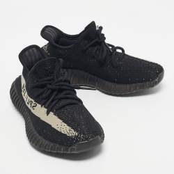Pre Owned Yeezy x Adidas Black Knit Fabric Boost 350 V2 Core Black White Sneakers Size 38