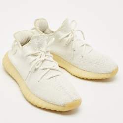Pre Owned Yeezy x Adidas White Knit Fabric Boost 350 V2 Cream White Sneakers Size 44