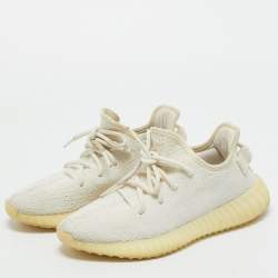 Pre Owned Yeezy x Adidas White Knit Fabric Boost 350 V2 Cream Sneakers Size 38
