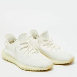 Pre Owned Yeezy x Adidas White Knit Fabric Boost 350 V2 Cream Sneakers Size 46 2/3