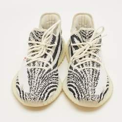 Pre Owned Yeezy x Adidas White/Black Knit Fabric Boost 350 V2 Zebra Sneakers Size 45 1/3