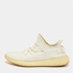 Pre Owned Yeezy x Adidas White Knit Fabric Boost 350 V2 Cream Sneakers Size 45 1/3