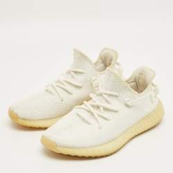 Pre Owned Yeezy x Adidas White Knit Fabric Boost 350 V2 Cream Sneakers Size 45 1/3