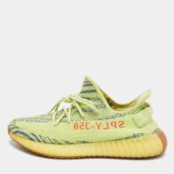 Pre Owned Yeezy x Adidas Boost 350 V2 Size 46.5 Yellow Knit Fabric Semi Frozen Low Top Sneakers