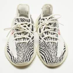 Pre Owned Yeezy x Adidas Boost 350 V2 Zebra Size 43.5 White/Black Knit Fabric Low Top Sneakers