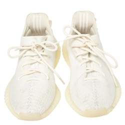 Pre Owned Yeezy x adidas Cream Cotton Knit Fabric Boost 350 V2 Triple White Sneakers Size 40