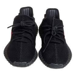 Pre Owned Yeezy x Adidas Black/Red Knit Fabric Boost 350 V2 Low Top Sneakers Size 43 1/3