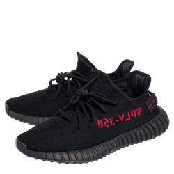 Pre Owned Yeezy x Adidas Black/Red Knit Fabric Boost 350 V2 Low Top Sneakers Size 43 1/3